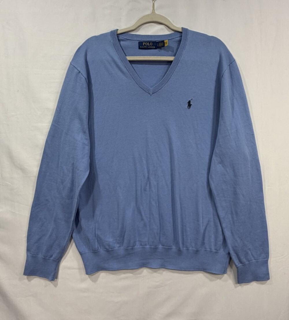 Polo Ralph Lauren Men’s Merino Wool Blue V-Neck Sweater Size L Coastal Prep